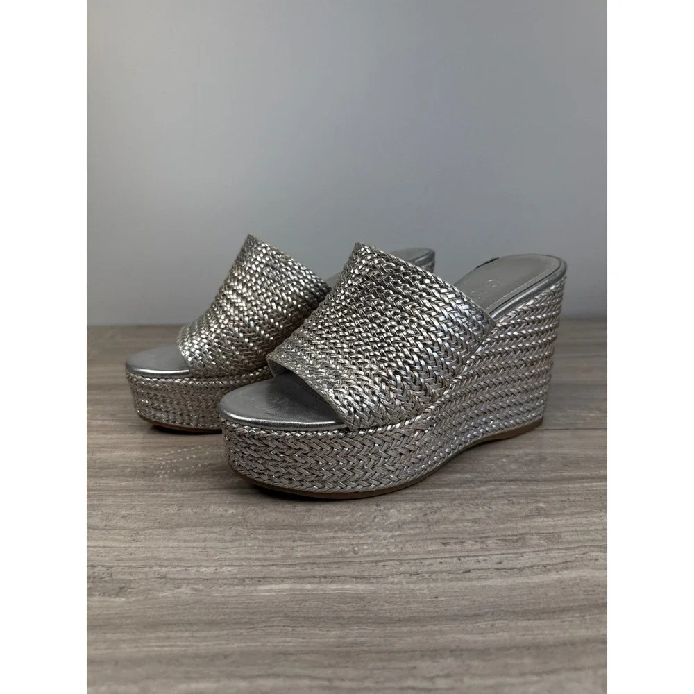 Guess Yenisa Silver Metallic Woven Platform Wedge Sandals Women's 7 Glam Y2K